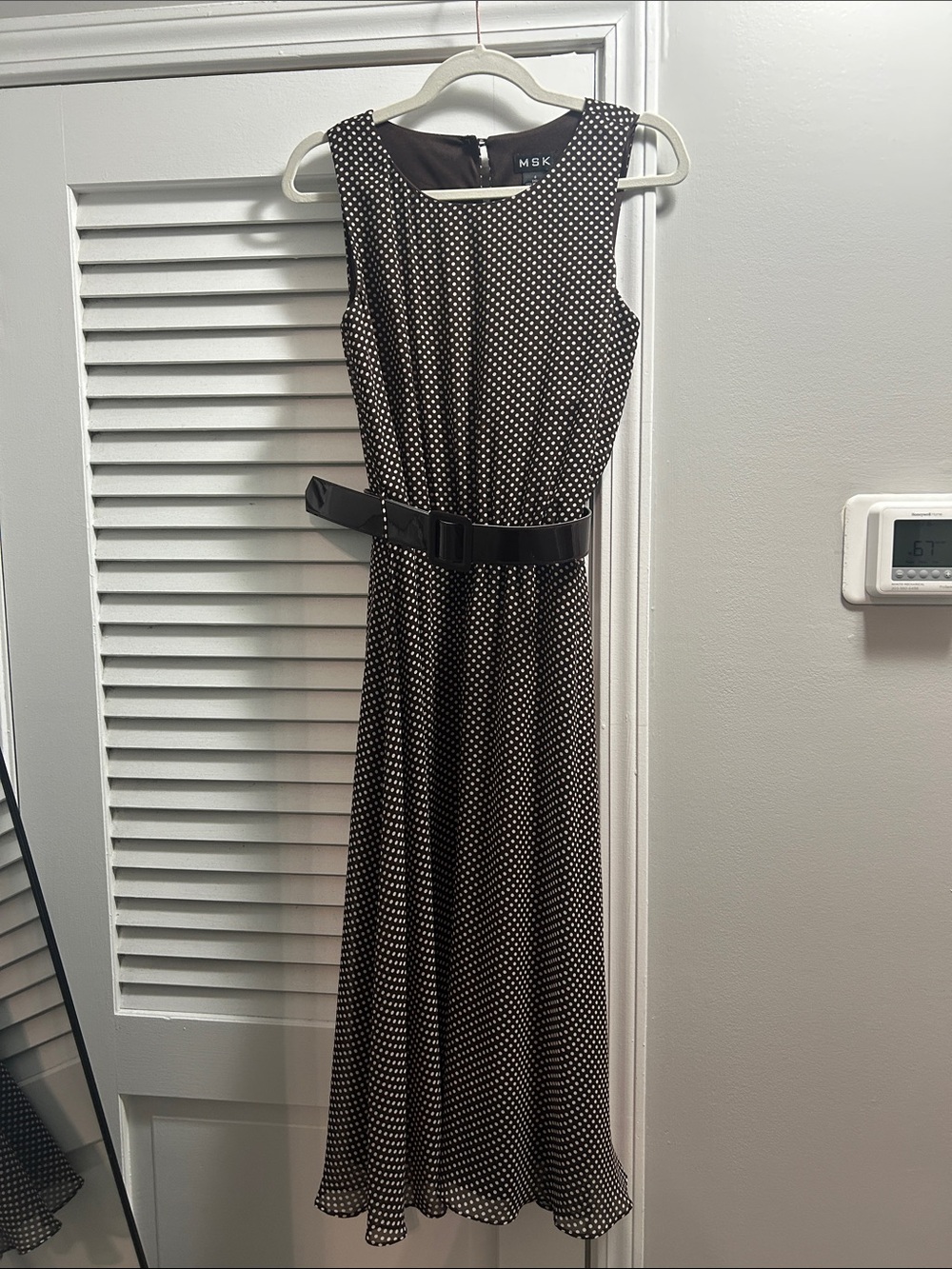 MSK Brown and White Polka Dot Sleeveless Midi Dress with Brown Belt